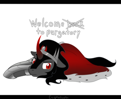 Size: 1100x900 | Tagged: safe, artist:enigmadoodles, imported from derpibooru, king sombra, pony, unicorn, the beginning of the end, cute, floppy ears, frown, implied death, jewelry, letterboxing, male, prone, purgatory, regalia, simple background, solo, sombradorable, stallion, white background