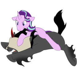 Size: 1000x900 | Tagged: safe, artist:enigmadoodles, imported from derpibooru, king sombra, starlight glimmer, pony, unicorn, blank flank, female, fight, floppy ears, gritted teeth, hair pulling, male, mare, missing accessory, missing cutie mark, narrowed eyes, pillow, prone, simple background, stallion, starlightsombra, unshorn fetlocks, white background