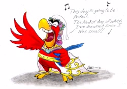 Size: 2305x1609 | Tagged: safe, artist:brogararts, imported from derpibooru, parrot, pony, bronycon, aladdin, gilbert gottfried, iago, this day aria, traditional art, voice actor joke