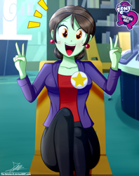 Size: 920x1160 | Tagged: safe, artist:the-butch-x, imported from derpibooru, part of a set, sophisticata, equestria girls, background human, blazer, butch's hello, canterlot high, clothes, cute, double peace sign, ear piercing, earring, equestria girls logo, female, hello x, jewelry, looking at you, open mouth, peace sign, piercing, pin, signature, sitting, smiling, solo, stars