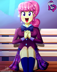 Size: 920x1160 | Tagged: safe, artist:the-butch-x, imported from derpibooru, part of a set, diwata aino, equestria girls, friendship games, background human, bench, bowtie, breasts, busty diwata aino, butch's hello, clothes, crystal prep academy uniform, cute, equestria girls logo, female, hello x, kneesocks, looking at you, open mouth, plaid skirt, pleated skirt, school uniform, schrödinger's pantsu, signature, sitting, skirt, smiling, socks, solo, sparkles