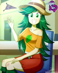 Size: 920x1160 | Tagged: safe, artist:the-butch-x, imported from derpibooru, part of a set, sweet leaf, equestria girls, background human, bare shoulders, butch's hello, chair, clothes, cute, equestria girls logo, female, hat, hello x, jewelry, leafabetes, looking at you, miniskirt, necklace, off shoulder, sexy, signature, sitting, skirt, smiling, solo, waving