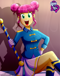 Size: 920x1160 | Tagged: safe, artist:the-butch-x, imported from derpibooru, part of a set, majorette, sweeten sour, equestria girls, friendship games, background human, boots, breasts, busty sweeten sour, butch's hello, clothes, cute, equestria girls logo, female, hair bun, hello x, legs, looking at you, miniskirt, open mouth, pleated skirt, schrödinger's pantsu, shoes, signature, sitting, skirt, smiling, solo, sweetenbetes, thighs