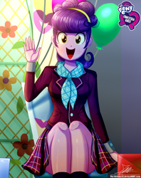 Size: 920x1160 | Tagged: safe, artist:the-butch-x, imported from derpibooru, part of a set, suri polomare, equestria girls, friendship games, background human, balloon, butch's hello, chair, clothes, crystal prep academy uniform, cute, equestria girls logo, female, hello x, legs, looking at you, open mouth, plaid skirt, pleated skirt, scarf, school uniform, signature, sitting, skirt, smiling, solo, suit, suribetes, waving, when she smiles