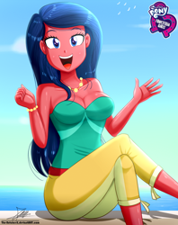 Size: 920x1160 | Tagged: safe, artist:the-butch-x, imported from derpibooru, desert sage, equestria girls, equestria girls series, spring breakdown, spoiler:eqg series (season 2), background human, blue eyes, blue hair, breasts, bustier, busty desert sage, butch's hello, cleavage, crossed legs, equestria girls logo, female, hello x, jewelry, necklace, open mouth, pearl necklace, signature, solo, waving