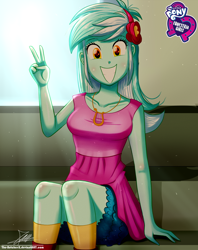 Size: 920x1160 | Tagged: safe, artist:the-butch-x, imported from derpibooru, lyra heartstrings, equestria girls, background human, boots, breasts, butch's hello, clothes, cute, cutie mark necklace, equestria girls logo, female, headband, hello x, jewelry, lyrabetes, necklace, peace sign, shoes, signature, sitting, skirt, smiling, socks, solo