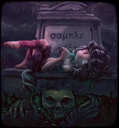 Size: 1260x1350 | Tagged: source needed, useless source url, safe, artist:darkstylerz, imported from derpibooru, cozy glow, human, undead, barefoot, clothes, commission, dagger, english, epitaph, feet, female, freckles, gravestone, greek alphabet, humanized, knife, legs, necromancy, rain, skull, tailed humanization, weapon