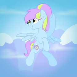 Size: 2100x2100 | Tagged: safe, artist:sjart117, imported from derpibooru, oc, oc only, oc:tropical feathertang, pegasus, pony, cloud, female, flying, mare, mountain, sky, solo, underhoof