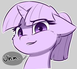 Size: 1200x1079 | Tagged: safe, artist:captainpudgemuffin, edit, imported from derpibooru, twilight sparkle, pony, unicorn, alternate hairstyle, bust, cheek fluff, cropped, cute, dialogue, female, floppy ears, gray background, grin, looking at you, mare, partial color, ponytail, reaction image, simple background, smiling, solo, speech bubble, twiabetes, unicorn twilight