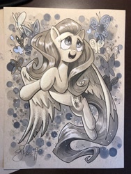 Size: 1536x2048 | Tagged: safe, artist:andypriceart, imported from derpibooru, fluttershy, butterfly, pegasus, pony, female, monochrome, traditional art