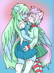 Size: 812x1100 | Tagged: safe, artist:kaemantis, imported from derpibooru, oc, oc only, oc:amaranthine sky, oc:reverie, anthro, pegasus, clothes, female, lesbian, school uniform, schoolgirl, socks, striped socks