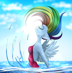 Size: 2000x2022 | Tagged: safe, artist:cinnamonbun, artist:german_frey, imported from derpibooru, rainbow dash, anthro, pegasus, breasts, clothes, eyes closed, female, hair flip, hair flip (action), mare, ocean, one-piece swimsuit, open-back swimsuit, reasonably sized breasts, sexy, solo, stupid sexy rainbow dash, swimming, swimsuit