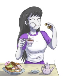 Size: 830x963 | Tagged: safe, artist:sumin6301, imported from derpibooru, octavia melody, equestria girls, cup, donut, eating, female, food, plate, solo, table, tea, teacup, teapot