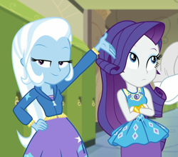 Size: 911x800 | Tagged: safe, imported from derpibooru, screencap, bulk biceps, rarity, trixie, equestria girls, equestria girls series, sock it to me, spoiler:choose your own ending (season 2), spoiler:eqg series (season 2), bracelet, canterlot high, clothes, cropped, crossed arms, duo focus, eyeroll, female, geode of shielding, hallway, hoodie, jewelry, lockers, magical geodes, offscreen character, smiling