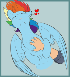 Size: 2000x2200 | Tagged: safe, artist:cold blight, edit, imported from derpibooru, rainbow dash, human, pegasus, pony, behaving like a dog, belly button, bellyrubs, blue background, blushing, chest fluff, cute, dashabetes, eyebrows, eyes closed, female, floppy ears, grin, hand, heart, human on pony petting, lip bite, mare, on back, petting, scratching, simple background, sleeping, smiling, solo focus, spoken heart, spread wings, waking up, wing fluff, wings
