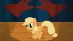 Size: 640x360 | Tagged: safe, artist:viva reverie, edit, imported from derpibooru, applejack, earth pony, pony, animated, bouncing, dancing, extreme speed animation, female, gif, hatless, immatoonlink, looking at you, missing accessory, seizure warning, show accurate, silly, silly pony, singing, solo, stage, talking, wat, weird al yankovic, who's a silly pony, youtube link