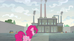 Size: 2400x1348 | Tagged: safe, imported from derpibooru, screencap, pinkie pie, earth pony, pony, the last laugh, building, chimney, factory, female, gag factory, mare, smoke, smokestacks, solo, walls