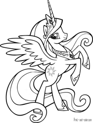 Size: 900x1200 | Tagged: safe, imported from derpibooru, princess celestia, alicorn, pony, bipedal, black and white, coloring book, coloring page, crown, female, grayscale, hoof shoes, jewelry, mare, monochrome, peytral, rearing, regalia, simple background, solo, white background