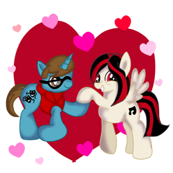 Size: 768x768 | Tagged: safe, artist:doraeartdreams-aspy, imported from derpibooru, oc, oc:midnight sonata, oc:thespio, pony, female, heart, male, straight