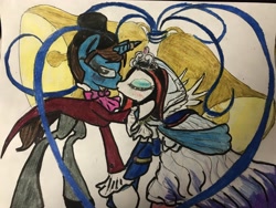 Size: 4032x3024 | Tagged: safe, artist:breezearia, imported from derpibooru, oc, oc:midnight sonata, oc:thespio, pony, clothes, crown, dress, female, hat, jewelry, kissing, male, marriage, photo, regalia, straight, top hat, traditional art, wedding, wedding dress