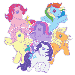 Size: 700x700 | Tagged: safe, imported from derpibooru, applejack, fluttershy, pinkie pie, rainbow dash, rarity, twilight sparkle, alicorn, earth pony, pegasus, pony, unicorn, bow, female, g1, generation leap, looking at you, mane six, mane six opening poses, mare, rainbow squad, simple background, tail bow, transparent background, twilight sparkle (alicorn), website