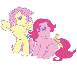 Size: 555x495 | Tagged: safe, imported from derpibooru, fluttershy, pinkie pie, earth pony, pegasus, pony, bow, duo, duo female, female, g1, g4, g4 to g1, generation leap, simple background, tail bow, transparent background, website, white outline