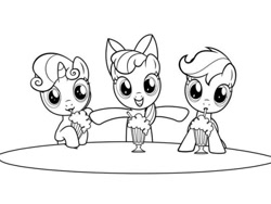 Size: 540x405 | Tagged: safe, imported from derpibooru, earth pony, pegasus, pony, unicorn, one bad apple, babs seed song, black and white, bow, coloring book, coloring page, cute, cutie mark, drink, drinking, female, filly, grayscale, looking at you, milkshake, monochrome, ponytail, simple background, straw, white background