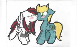 Size: 400x243 | Tagged: safe, artist:theartistsora, imported from derpibooru, oc, oc only, oc:synthis, oc:thedoctorsora, pegasus, pony, female, kissing, male, straight, synsora, traditional art