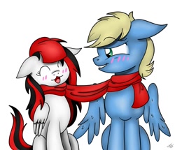 Size: 965x828 | Tagged: safe, artist:theartistsora, imported from derpibooru, oc, oc only, oc:synthis, oc:thedoctorsora, pegasus, pony, blushing, clothes, female, floppy ears, male, scarf, shared clothing, shared scarf, simple background, straight, synsora, white background