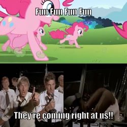 Size: 710x710 | Tagged: safe, edit, imported from derpibooru, screencap, pinkie pie, pony, too many pinkie pies, airplane!, broken window, clone, female, fun, funny, imminent death, jumping out of a window, leslie nielsen, lloyd bridges, lots of pink, mare, meme, panic, pinkie clone, robert stack, running, smoke, window