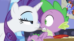 Size: 935x523 | Tagged: safe, imported from derpibooru, screencap, rarity, spike, dragon, pony, unicorn, dragon dropped, boop, duo, eyeshadow, female, lidded eyes, makeup, mare, quill, quill pen, rarity is not amused, shrunken pupils, slit eyes, slit pupils, suspicious, unamused, winged spike, wings