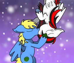 Size: 1024x865 | Tagged: safe, artist:theartistsora, imported from derpibooru, oc, oc only, oc:synthis, oc:thedoctorsora, pegasus, pony, female, kanji, kissing, male, stars, straight, synsora, upside down, upside down kiss