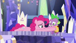 Size: 1920x1080 | Tagged: safe, imported from derpibooru, screencap, pinkie pie, spike, dragon, pony, the last laugh, claws, cupcake, cutie map, female, food, male, prone, twilight's castle, winged spike, wings