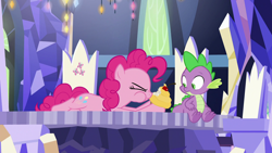 Size: 1920x1080 | Tagged: safe, imported from derpibooru, screencap, pinkie pie, spike, dragon, earth pony, pony, the last laugh, claws, cupcake, cutie map, female, food, friendship throne, male, mare, prone, twilight's castle, winged spike, wings