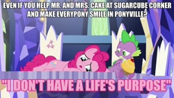 Size: 960x540 | Tagged: safe, edit, edited screencap, imported from derpibooru, screencap, pinkie pie, spike, dragon, earth pony, pony, the last laugh, caption, cupcake, cutie map, desperate, doesn't make sense, food, image macro, joke, lies, lying down, map, no sense, sad, text, twilight's castle, wat, what the hay?, winged spike, wings