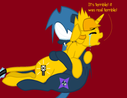 Size: 900x700 | Tagged: safe, artist:lullabyprince, artist:worldofcaitlyn, imported from derpibooru, bat pony, pony, unicorn, base used, bat ponified, crying, dialogue, globert, hug, lego, mixels, ponified, race swap, teslo