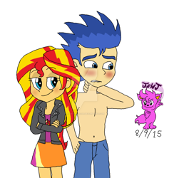 Size: 1024x1079 | Tagged: safe, artist:resotii, artist:stella-exquisa, imported from derpibooru, flash sentry, sunset shimmer, equestria girls, belly button, clothes, female, flashimmer, jeans, male, pants, partial nudity, shipping, smiling, straight, topless