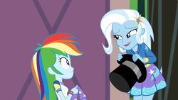 Size: 1914x1080 | Tagged: safe, imported from derpibooru, screencap, rainbow dash, trixie, equestria girls, equestria girls series, sock it to me, spoiler:choose your own ending (season 2), spoiler:eqg series (season 2), barrette, clothes, duo, duo female, female, hat, hoodie, skirt, smiling, sock, sock it to me: trixie, top hat, trixie's magic sock