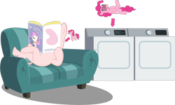 Size: 2314x1393 | Tagged: safe, anonymous artist, artist:antoxa2584, artist:dragonfoorm, artist:lman225, edit, edited edit, editor:slayerbvc, imported from derpibooru, vector edit, pinkie pie, earth pony, pony, bald, casual nudity, couch, crossed legs, dryer, female, furless, furless edit, laundry, magazine, mare, nude edit, nudity, pinkie being pinkie, pinkie pie suit, pointy ponies, reading, shaved, shaved tail, simple background, solo, transparent background, vector, washing machine