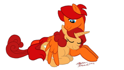 Size: 1024x576 | Tagged: safe, artist:theabbeyroadie, imported from derpibooru, oc, oc:goldenfox, oc:keyframe, pony, female, goldenkey, happy, hug, male, sleeping, straight, winghug