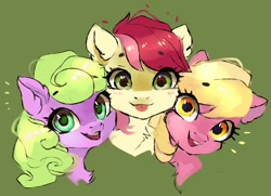 Size: 1080x783 | Tagged: safe, artist:sofiko-ko, imported from derpibooru, daisy, flower wishes, lily valley, roseluck, earth pony, pony, :p, chest fluff, cute, ear fluff, female, flower trio, green background, looking at you, mare, simple background, tongue out, trio