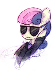 Size: 640x880 | Tagged: safe, artist:rainspeak, imported from derpibooru, bon bon, pony, bon bon is not amused, bon bond, female, palindrome get, secret agent sweetie drops, solo, sunglasses, unamused