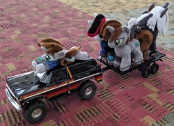 Size: 1229x888 | Tagged: safe, imported from derpibooru, oc, oc only, oc:blackjack, oc:littlepip, oc:velvet remedy, pony, unicorn, bronycon, bronycon 2019, fallout equestria, fallout equestria: project horizons, clothes, fanfic, fanfic art, female, ford bronco, hooves, horn, irl, jumpsuit, mare, photo, pipbuck, plushie, rc car, traxxas, traxxas trx4, vault suit