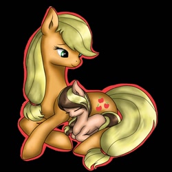 Size: 894x894 | Tagged: safe, artist:lunaapple, imported from derpibooru, oc, oc:apple melody, earth pony, pony, black background, blank flank, cute, female, foal, hatless, missing accessory, mommajack, mother and daughter, offspring, parent:applejack, parent:caramel, parents:carajack, simple background