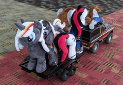 Size: 1287x888 | Tagged: safe, imported from derpibooru, oc, oc only, oc:blackjack, oc:littlepip, oc:velvet remedy, pony, unicorn, bronycon, bronycon 2019, fallout equestria, fallout equestria: project horizons, clothes, fanfic, fanfic art, female, ford bronco, hooves, horn, jumpsuit, mare, pipbuck, plushie, rc car, self ponidox, traxxas, traxxas trx4, vault suit