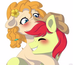 Size: 4096x3641 | Tagged: safe, artist:ev04kaa, imported from derpibooru, bright mac, pear butter, earth pony, pony, the perfect pear, blushing, brightabetes, brightbutter, cute, eyes closed, female, floppy ears, hat, hug, male, mare, pearabetes, rcf community, shipping, simple background, smiling, stallion, straight, white background