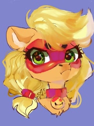 Size: 810x1080 | Tagged: safe, artist:sofiko-ko, imported from derpibooru, applejack, earth pony, pony, bell, collar, female, heart, looking at you, mare, mask, purple background, simple background, solo
