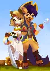 Size: 1131x1600 | Tagged: safe, artist:sofiko-ko, imported from derpibooru, oc, oc:ramiras, earth pony, pegasus, pony, :p, duo, eyepatch, female, male, mare, pirate, stallion, tongue out