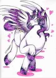 Size: 2418x3353 | Tagged: safe, artist:friskyhellspawn, imported from derpibooru, bouncy, oc, oc only, oc:solestiaglimmers, alicorn, pony, :p, alicorn oc, big eyes, female, freckles, full body, heart, mare, purple mane, simple background, small head, solo, sparkly, spread wings, thick, tongue out, unshorn fetlocks, white background, wings