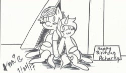 Size: 1024x599 | Tagged: safe, artist:faithstar1121, imported from derpibooru, oc, oc only, oc:acharky, oc:eliyora, pony, unicorn, blushing, female, male, owo, shipping, straight, traditional art